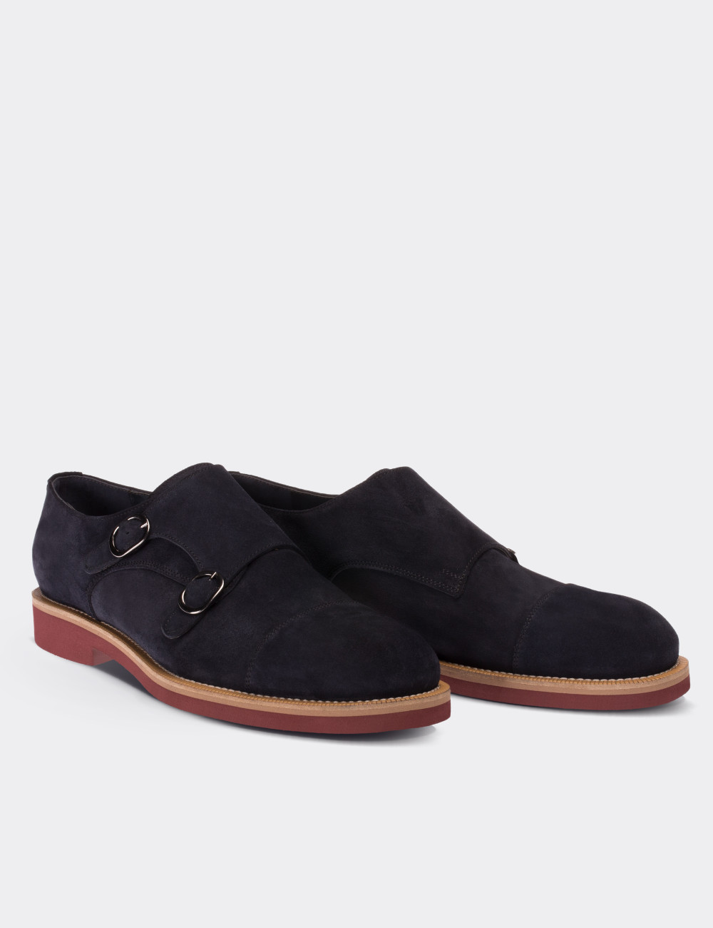 Navy Suede Leather Monk Straps Shoes - 01566MLCVE01