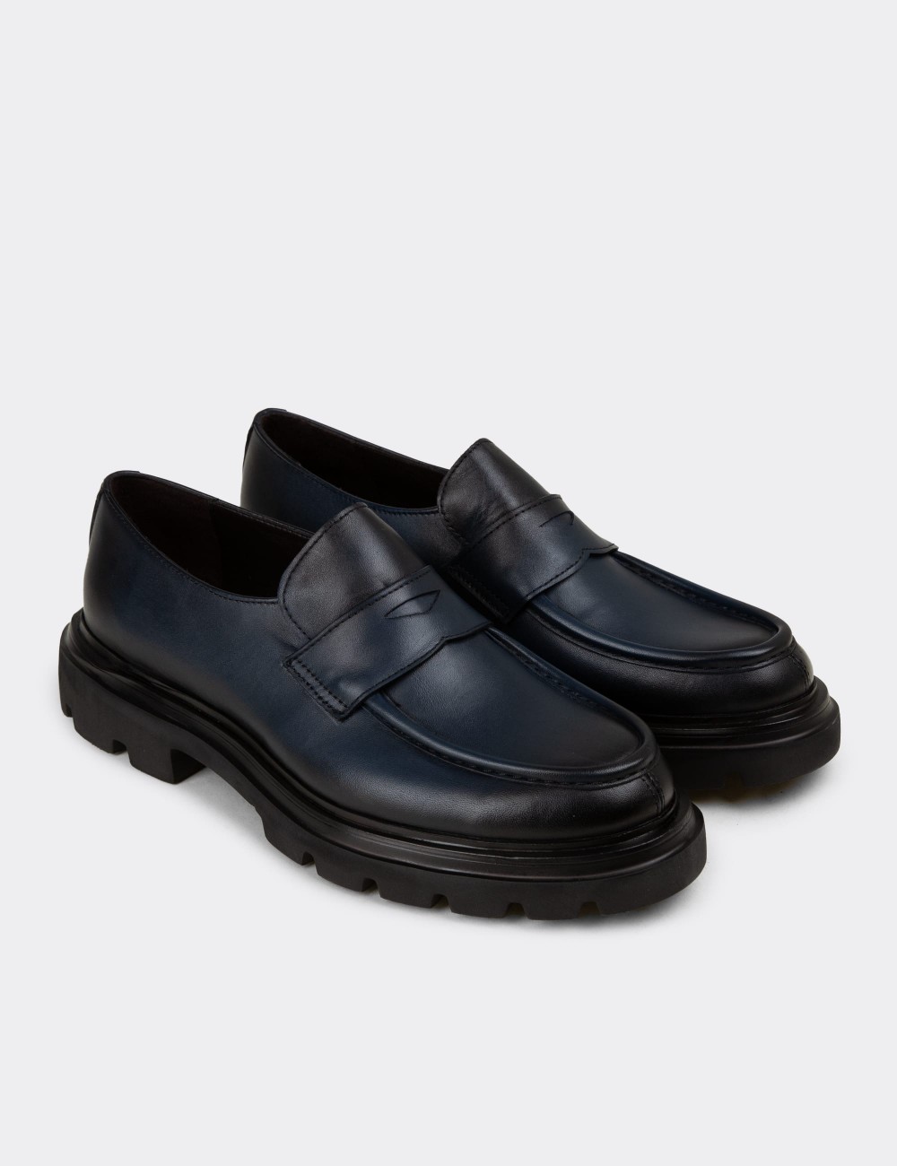 Men's Navy Leather Loafers - 01980MLCVE02