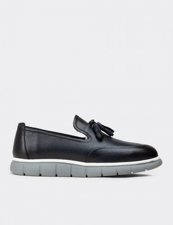 Men's Navy Leather Loafers with Tassels