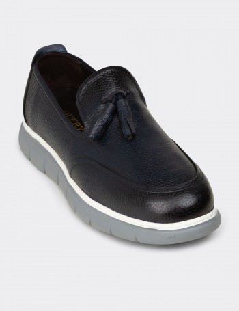 Men's Navy Leather Loafers with Tassels