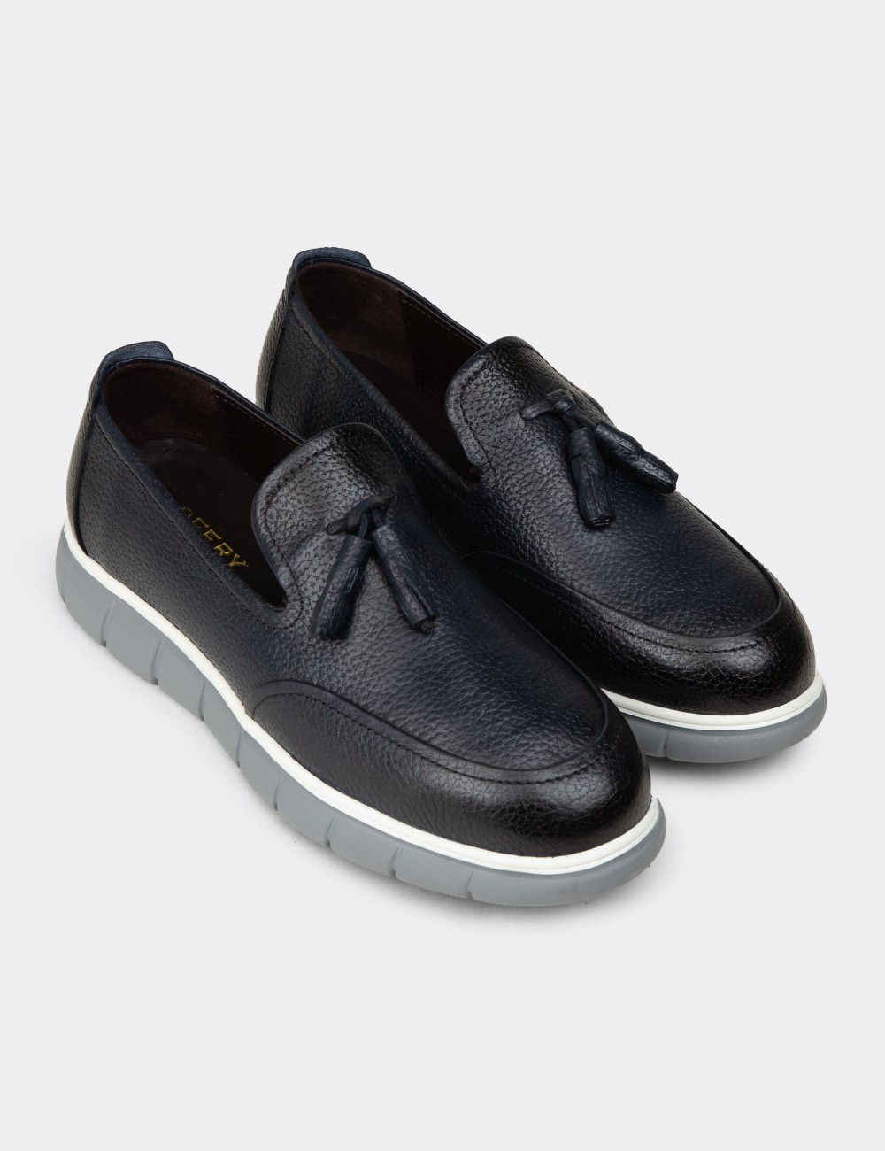 Men's Navy Leather Loafers with Tassels - 02048MLCVE01