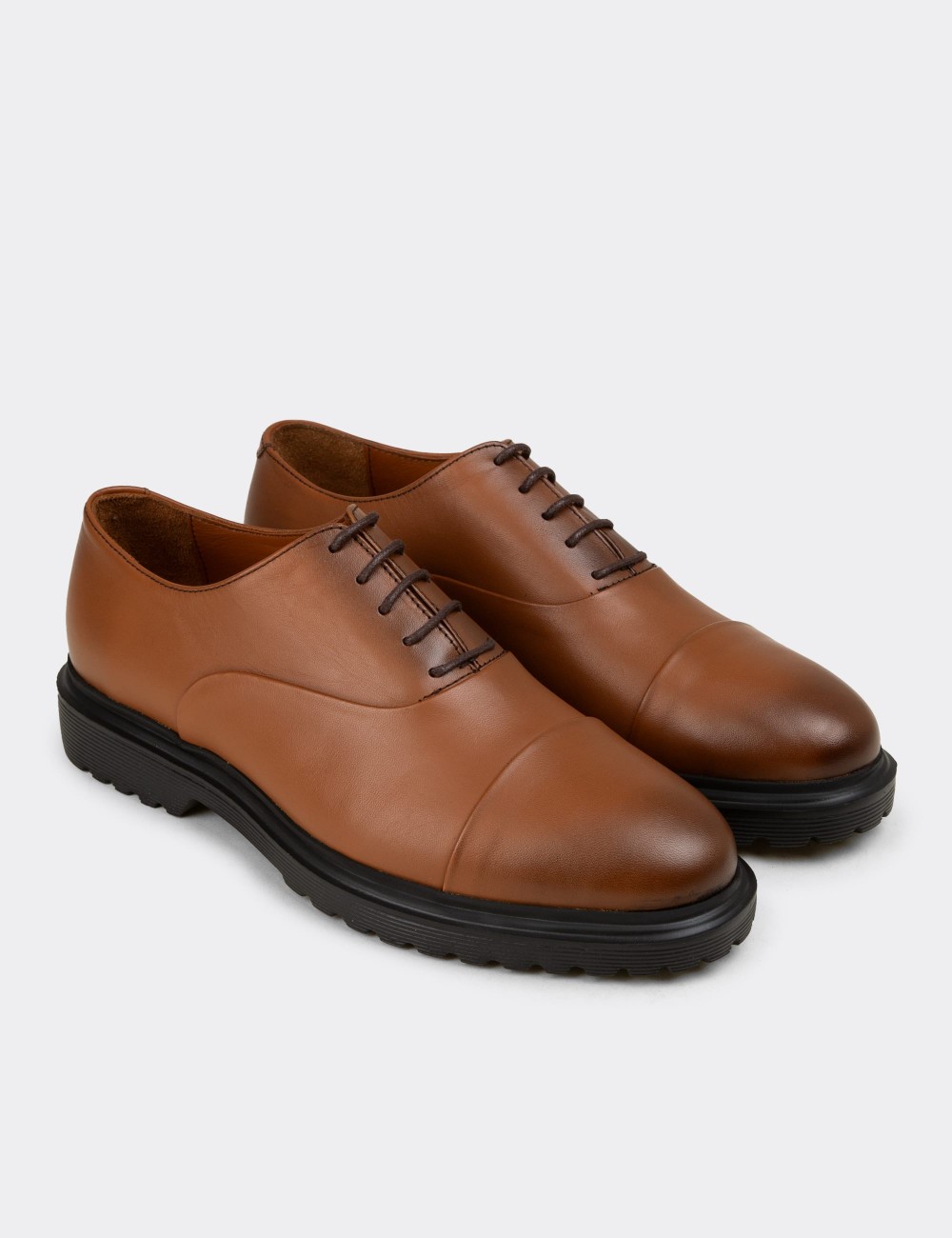 Men's Tan Leather Lace-Up Shoes - 01026MTBAE04