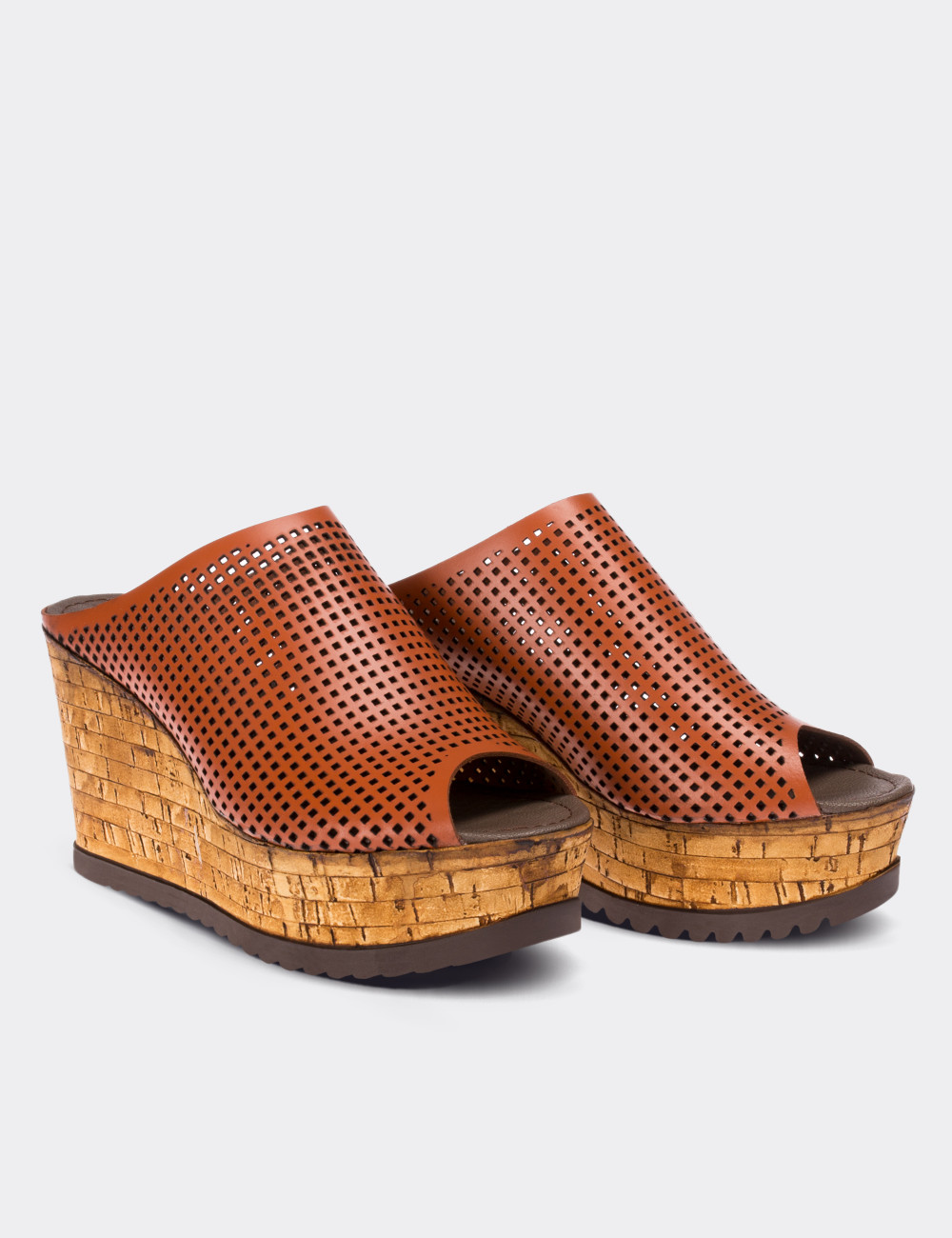 Tan  Leather Wedge Sandals - 02012ZTBAP01