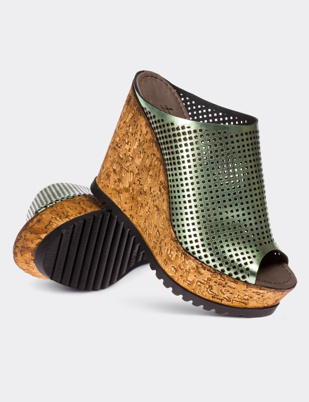 Green  Leather Wedge Sandals - 02012ZYSLP01