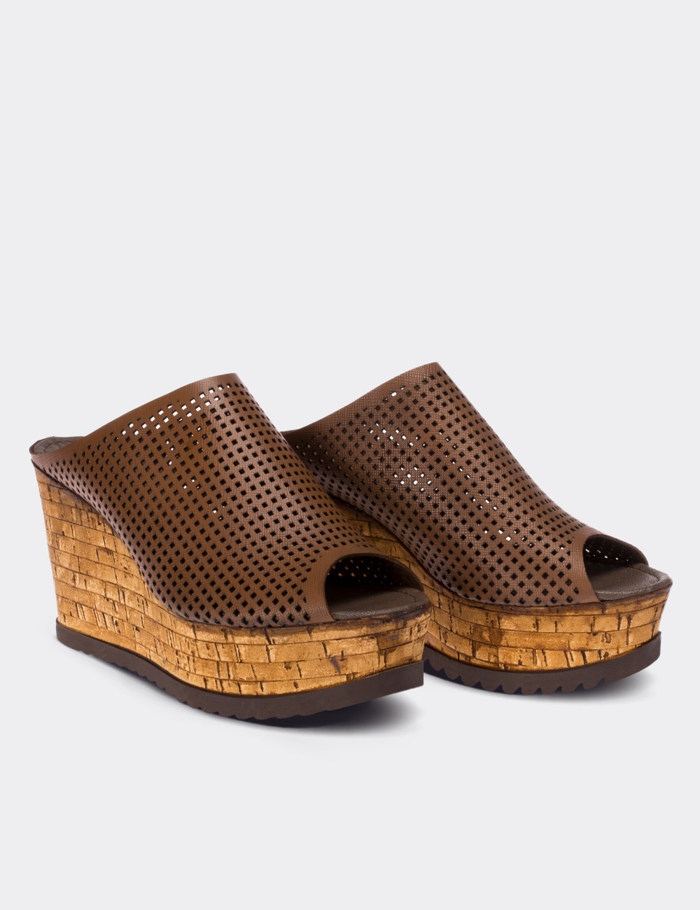 Tan  Leather Wedge Sandals - 02012ZTBAP04