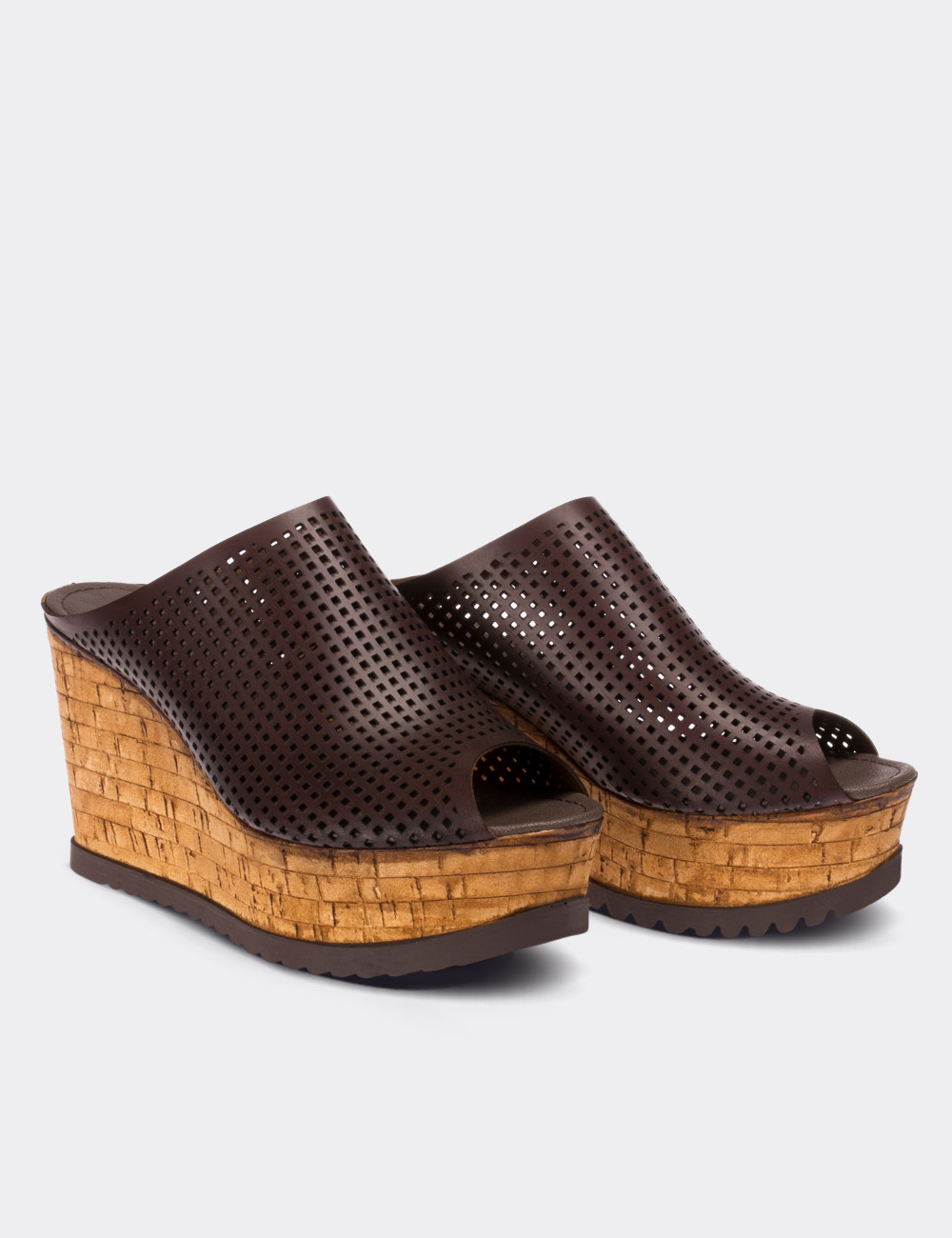 Brown  Leather Wedge Sandals - 02012ZKHVP02
