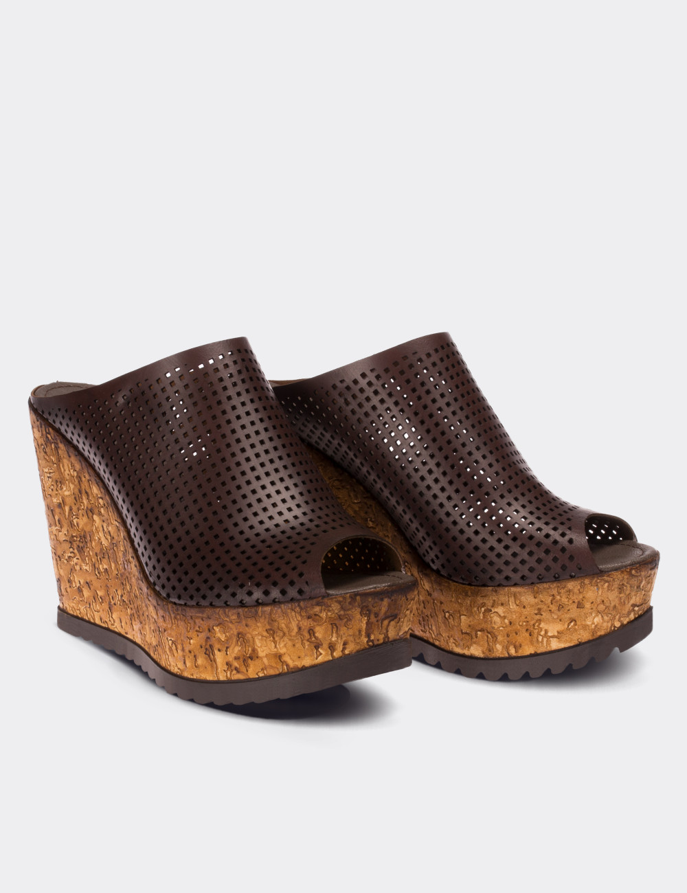 Brown  Leather Wedge Sandals - 02012ZKHVP01