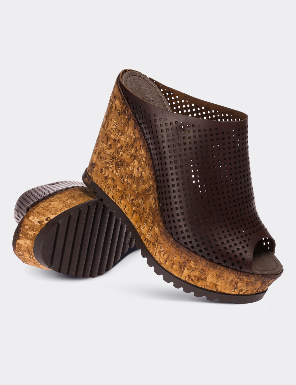Brown  Leather Wedge Sandals - 02012ZKHVP01