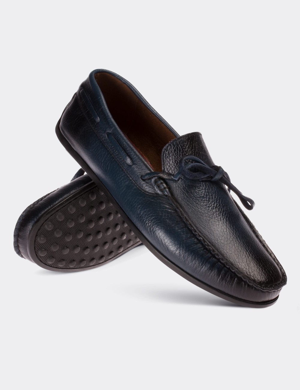 Navy  Leather Driving Shoes - 01647MLCVC04