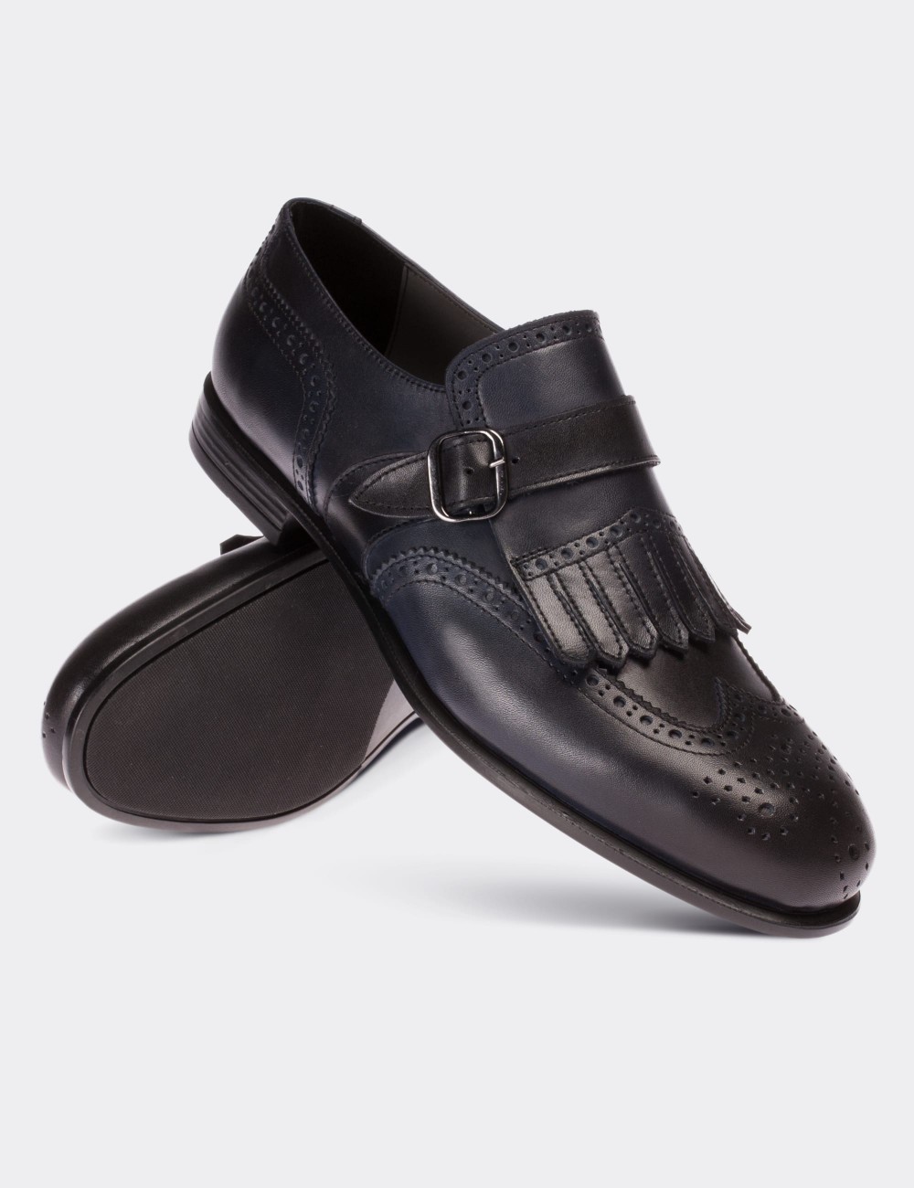 Navy  Leather Monk Strap Classic Shoes - 01680MLCVC03