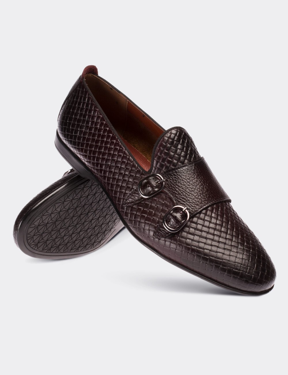 Burgundy  Leather Monk Strap Loafers - 01705MBRDC01