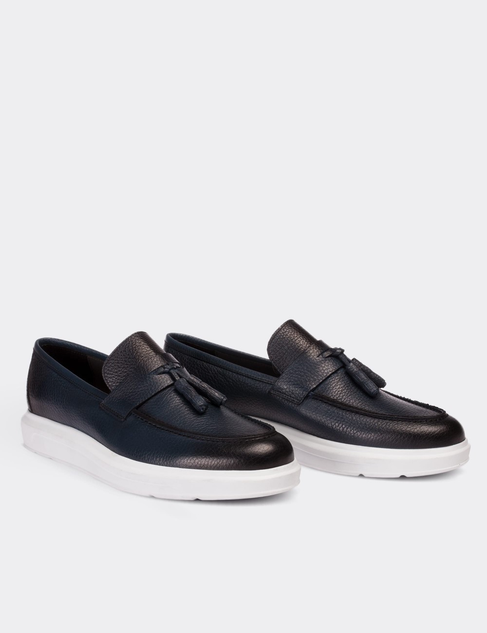 Navy  Leather Loafers - 01587MLCVP04