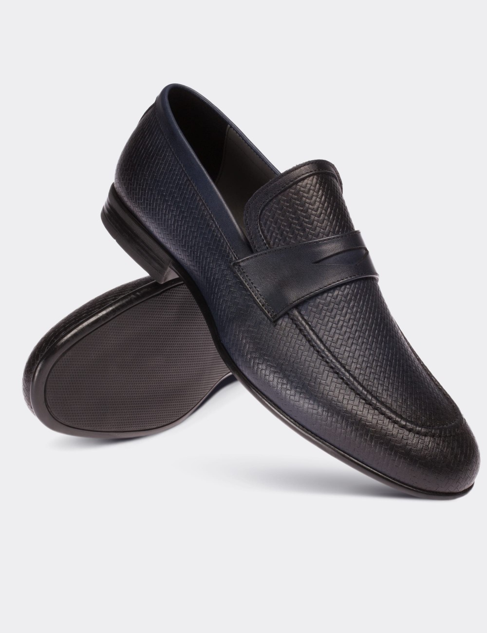 Navy  Leather Loafers - 01711MLCVC01