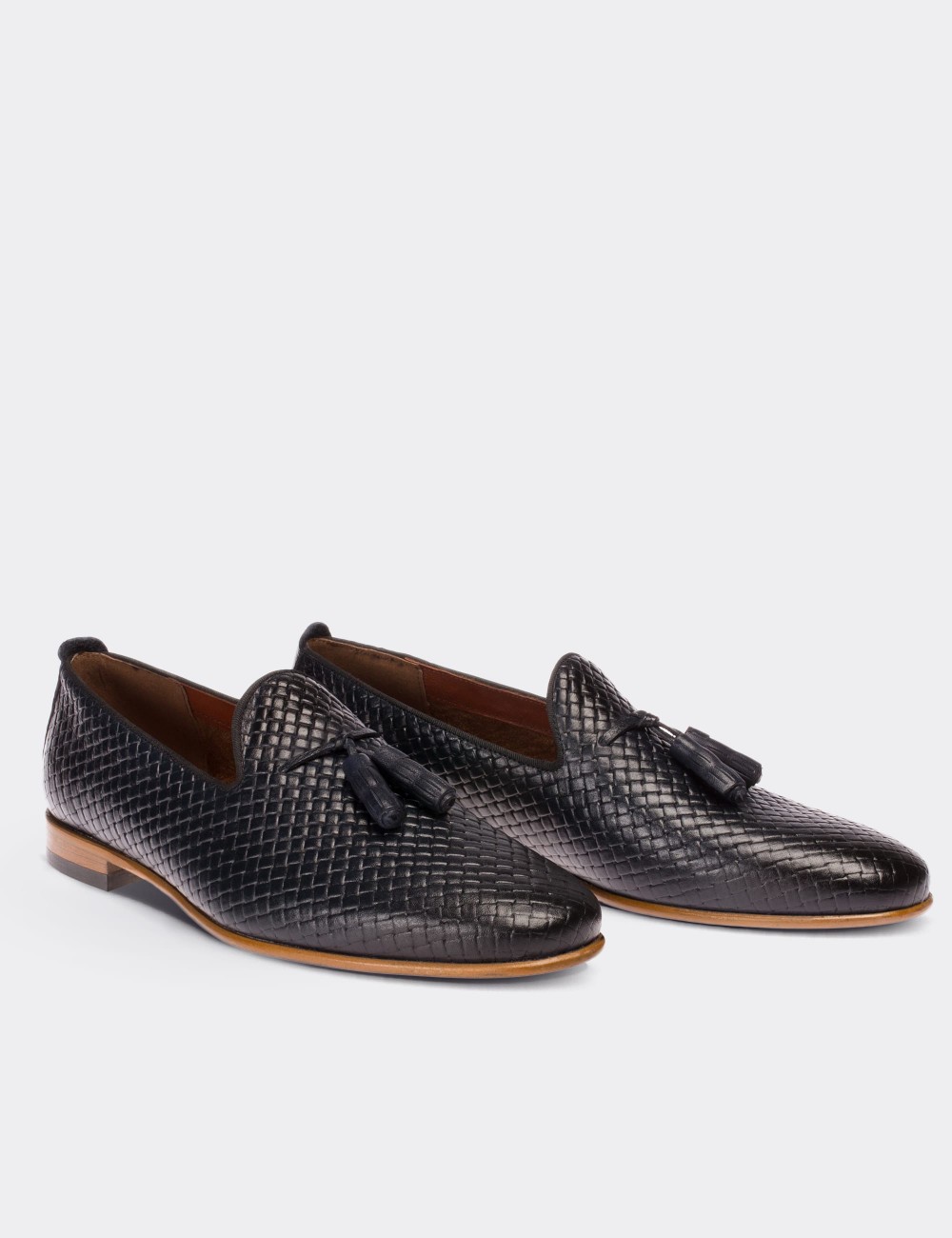 Navy  Leather Loafers - 01702MLCVM01