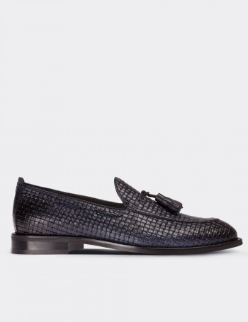 Navy  Leather Loafers - 01642MLCVM02