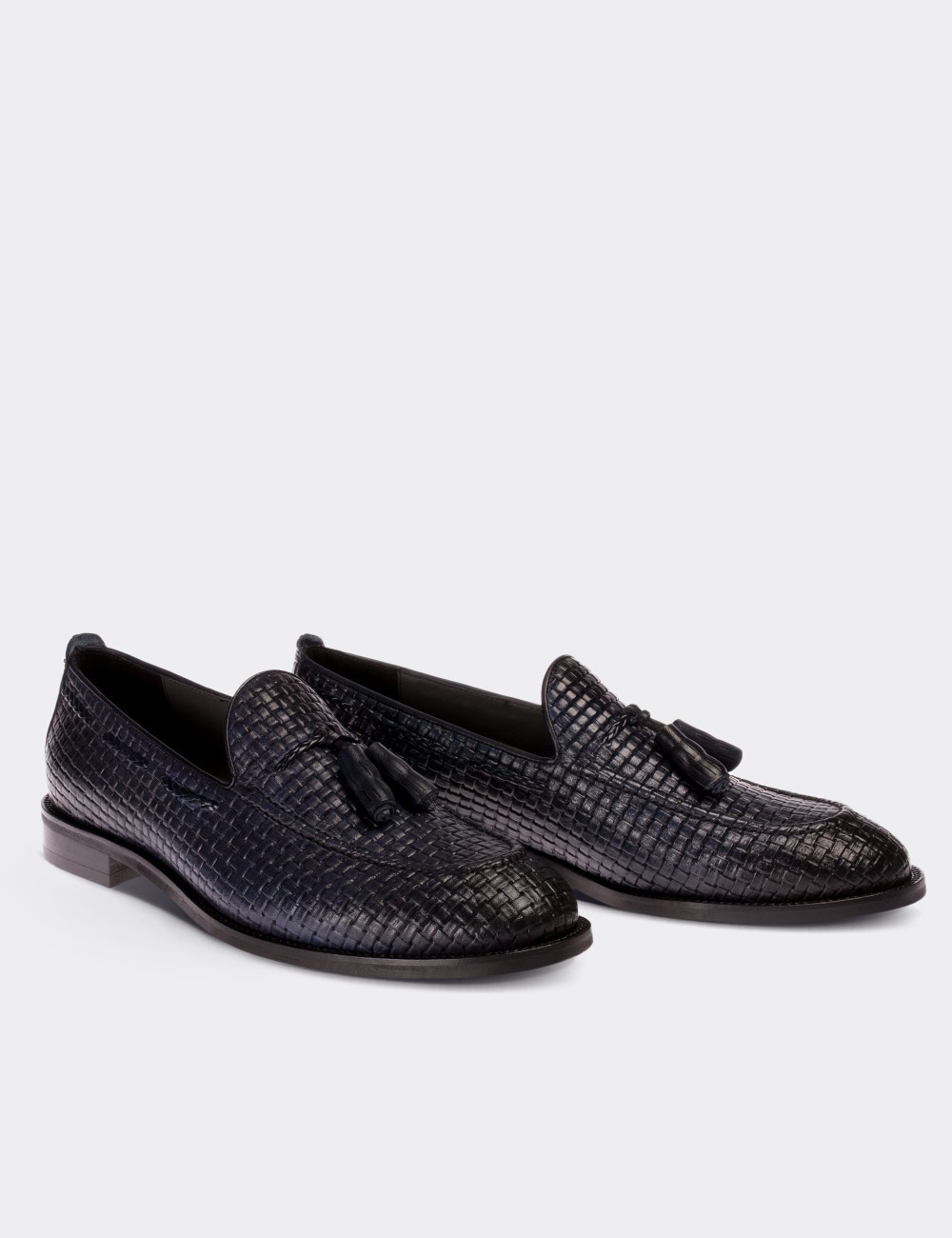 Navy  Leather Loafers - 01642MLCVM02