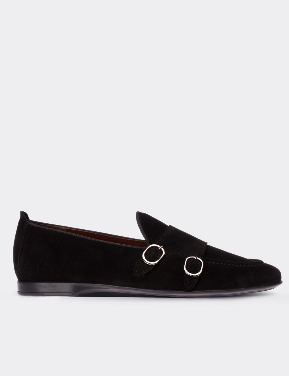 Black Suede Leather Monk Strap Loafers - 01704MSYHC02