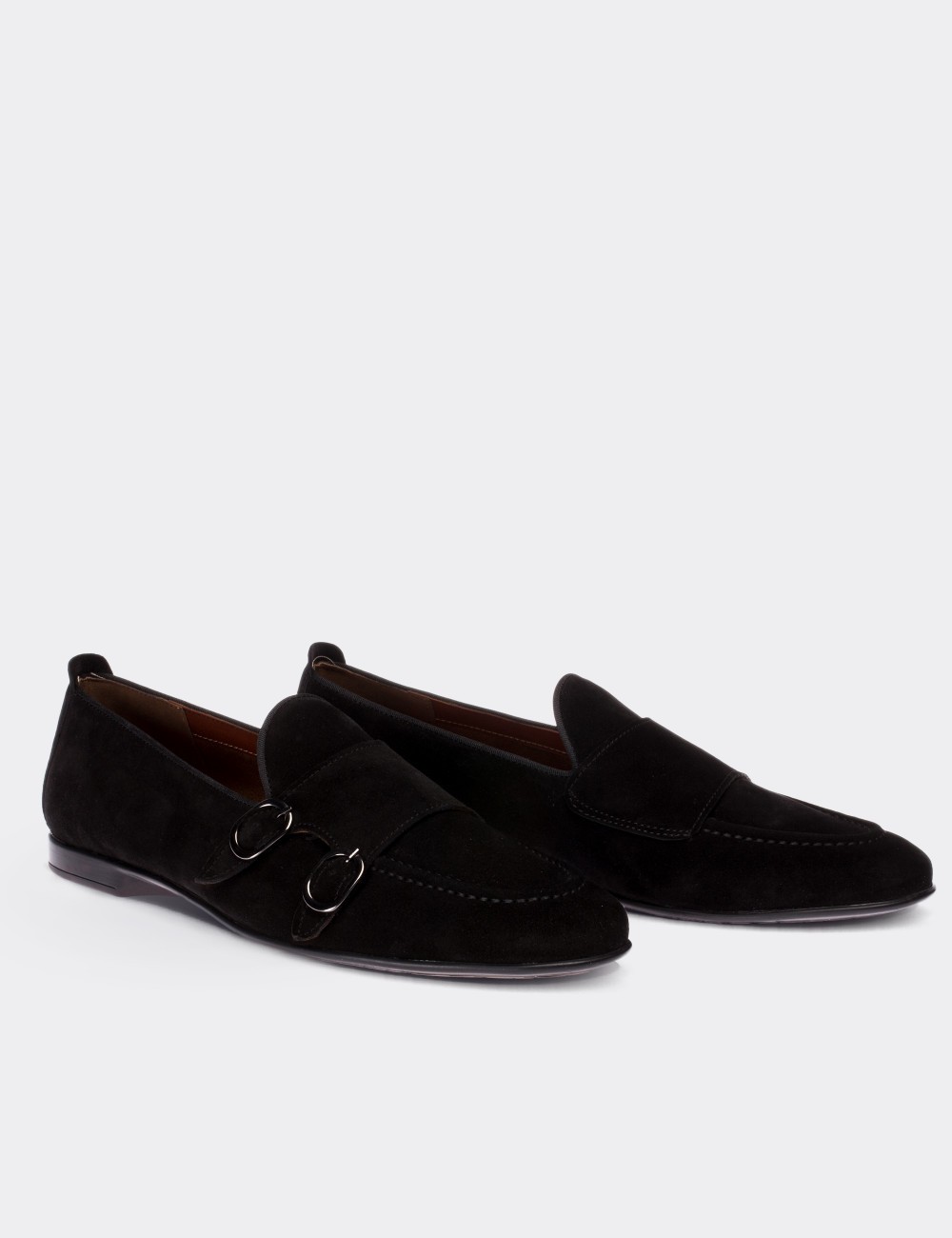 Black Suede Leather Monk Strap Loafers - 01704MSYHC02
