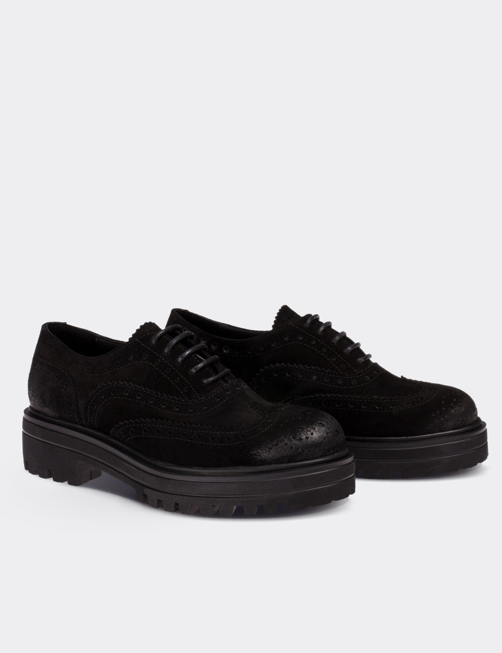 Black Suede Leather Lace-up Shoes - 01418ZSYHE04