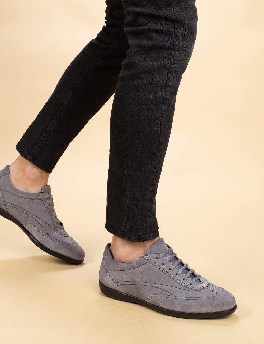 Gray Suede Leather Lace-up Shoes - 00321MGRIC02
