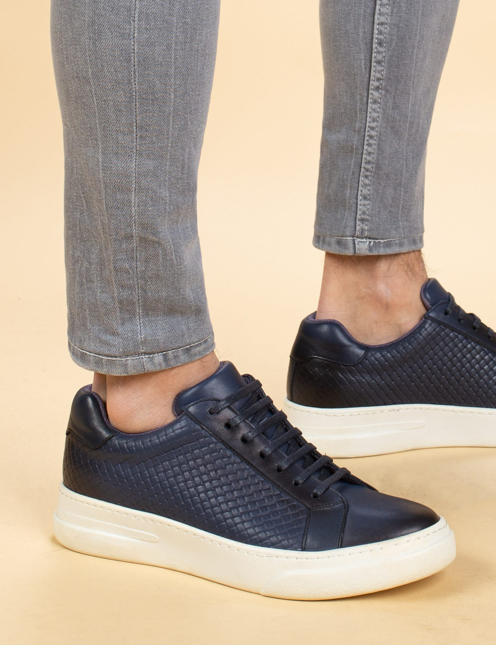Navy  Leather Sneakers - 01737MLCVP01