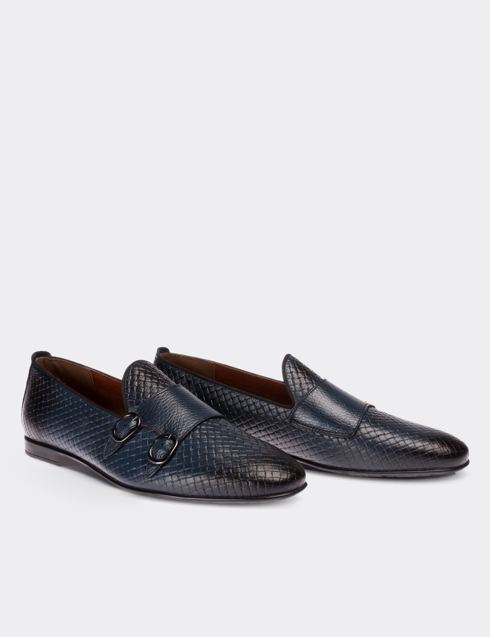 Navy  Leather Monk Strap Loafers - 01705MLCVC01