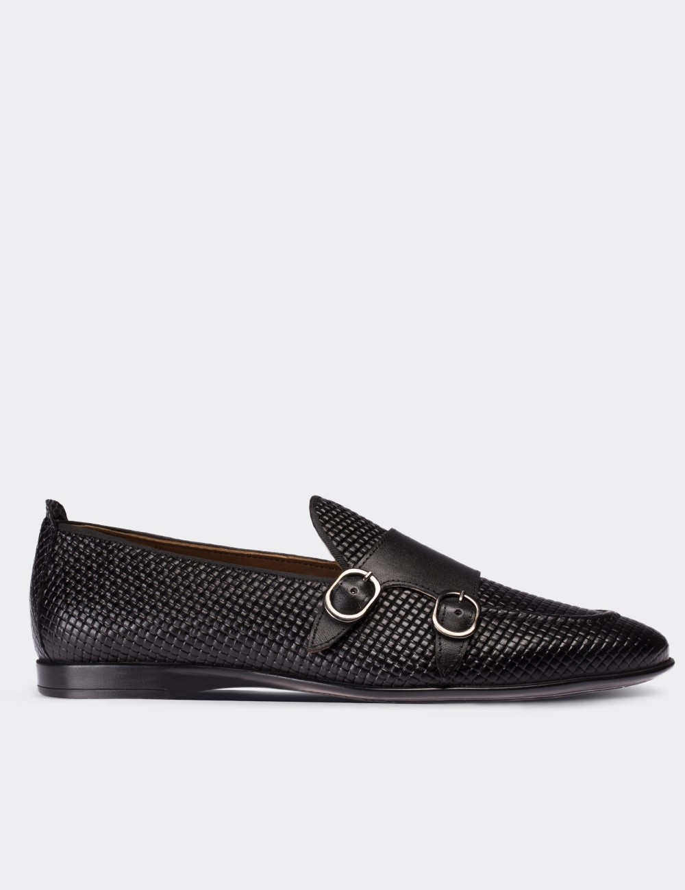 Black  Leather Double Monk Strap Loafers - 01704MSYHC03