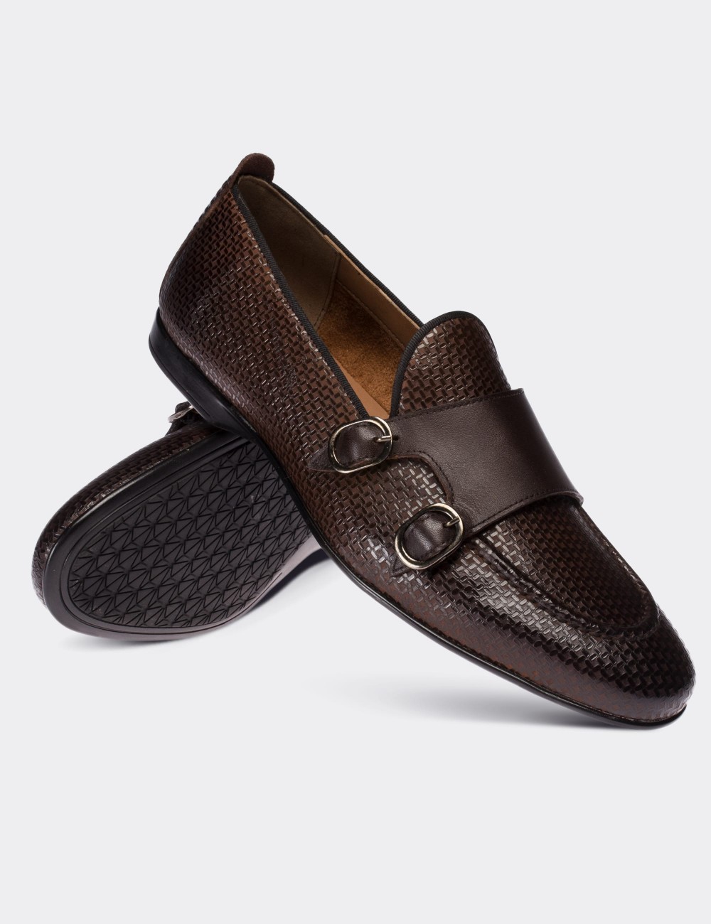 Brown  Leather Double Monk Strap Loafers - 01704MKHVC02