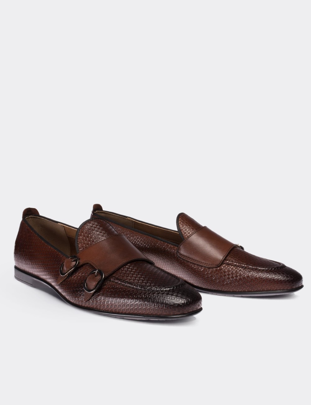 Tan  Leather Double Monk Starp Loafers - 01704MTBAC03