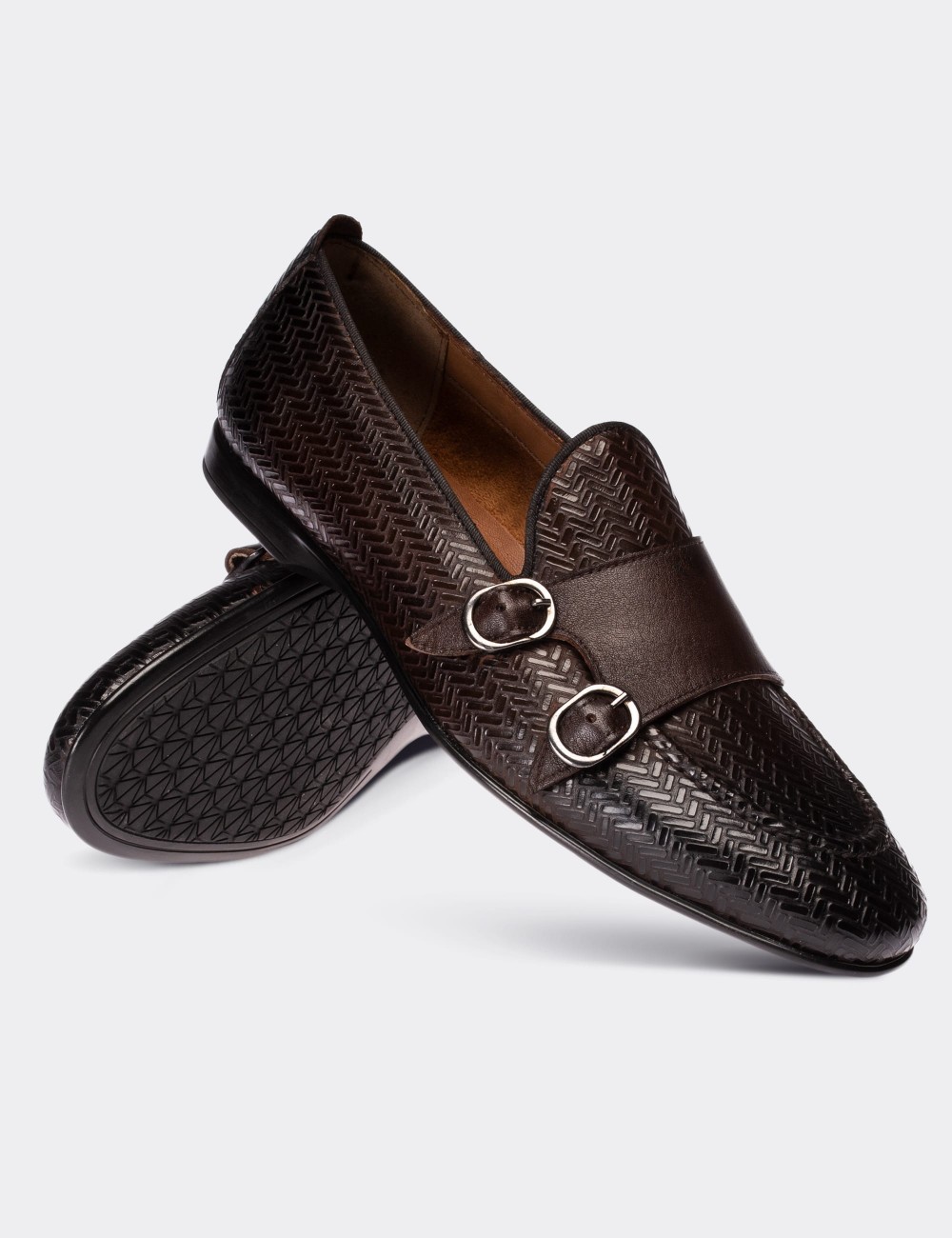 Brown  Leather Double Strap  Loafers - 01705MKHVC03