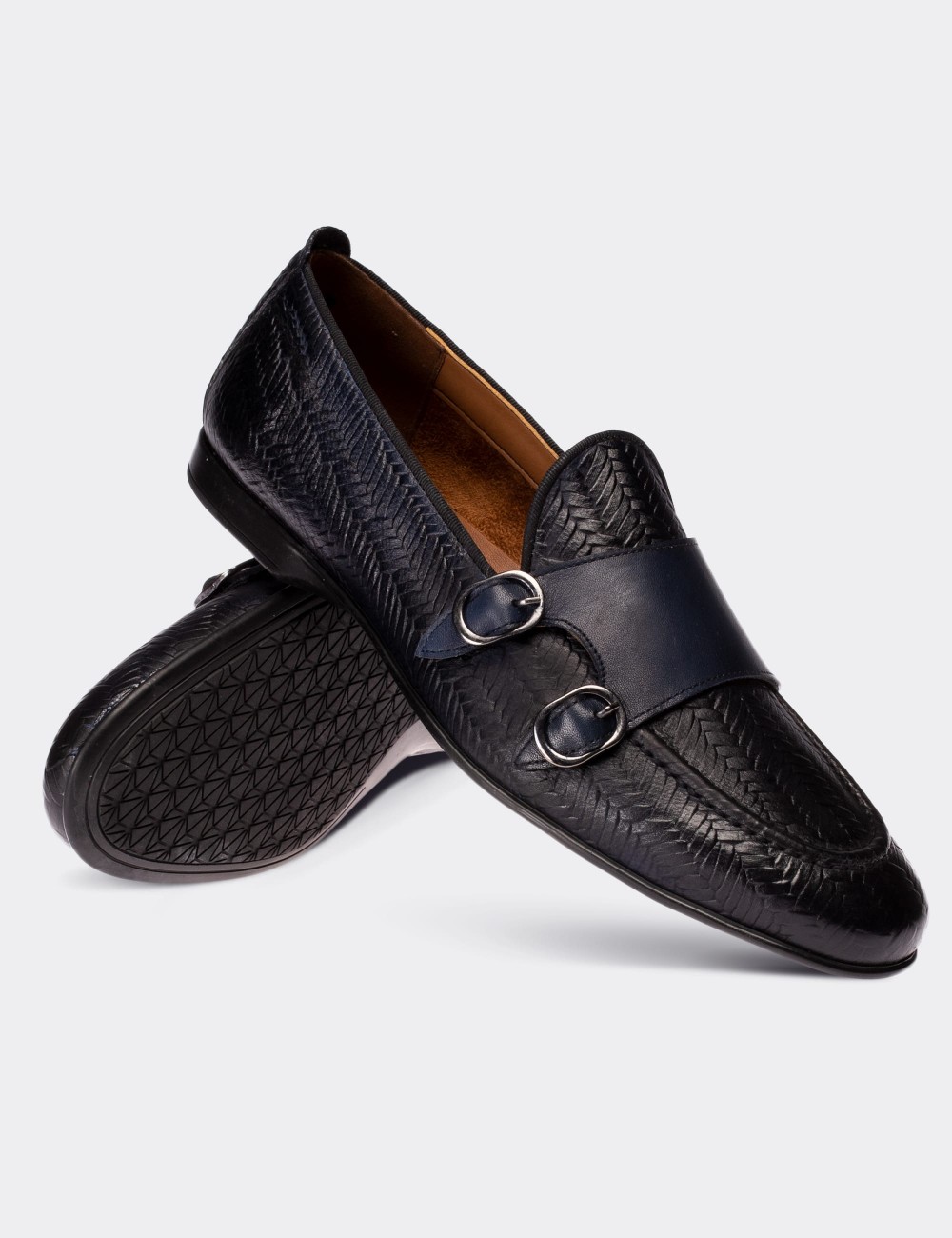 Blue  Leather Double Monk Strap Loafers - 01704MMVIC01