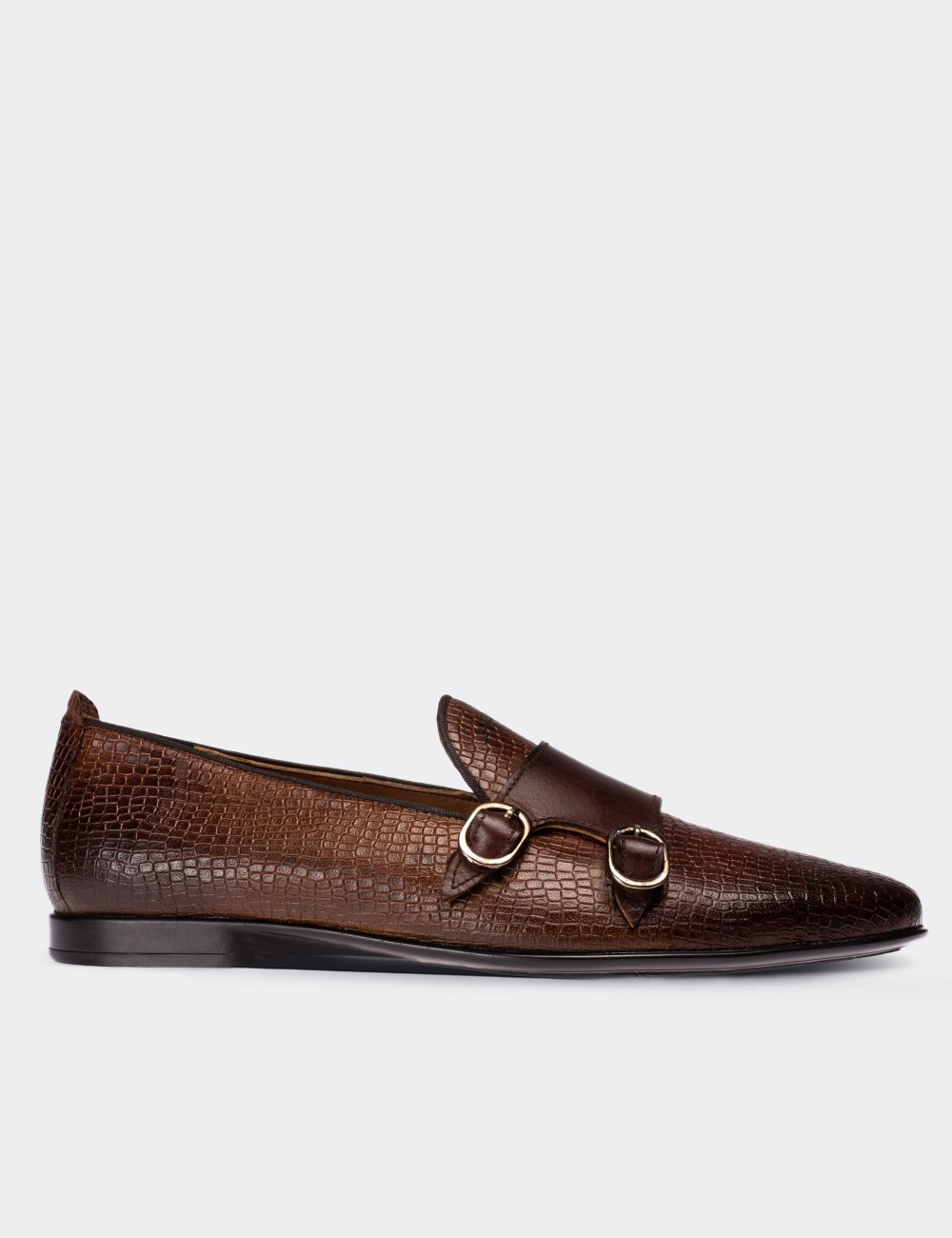 Brown  Leather Double Strap Loafers - 01705MKHVC02