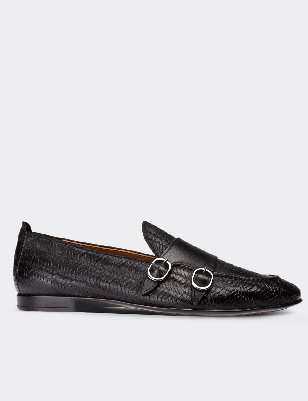 Black  Leather Double Monk Strap Loafers - 01704MSYHC04