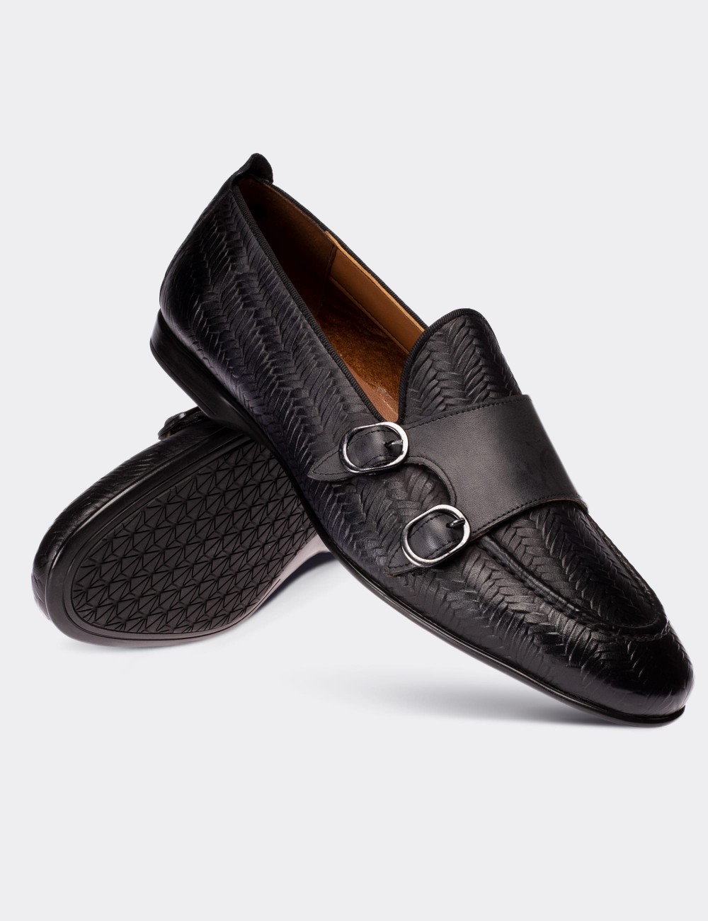 Gray  Leather Double Monk Strap Loafers - 01704MGRIC02