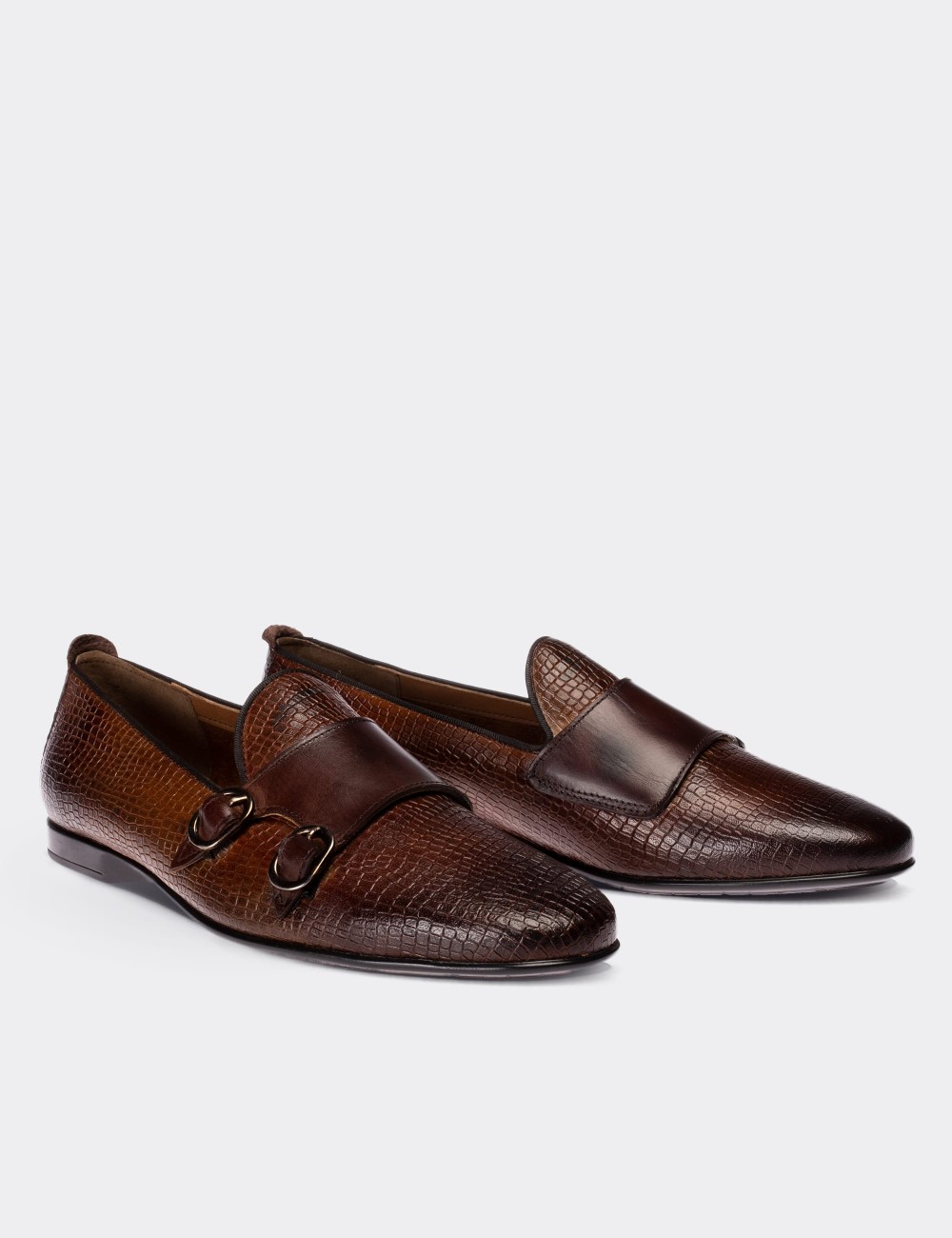 Brown  Leather Double Strap Loafers - 01705MKHVC02