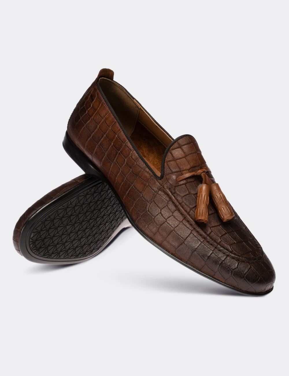 Tan  Leather Croco Loafers - 01701MTBAC03