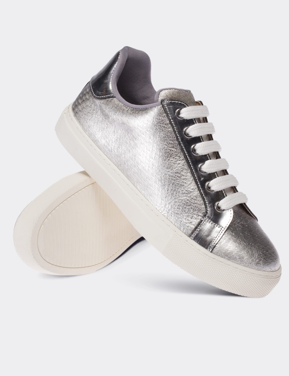 Silver  Leather Sneakers - 01698ZGMSC02