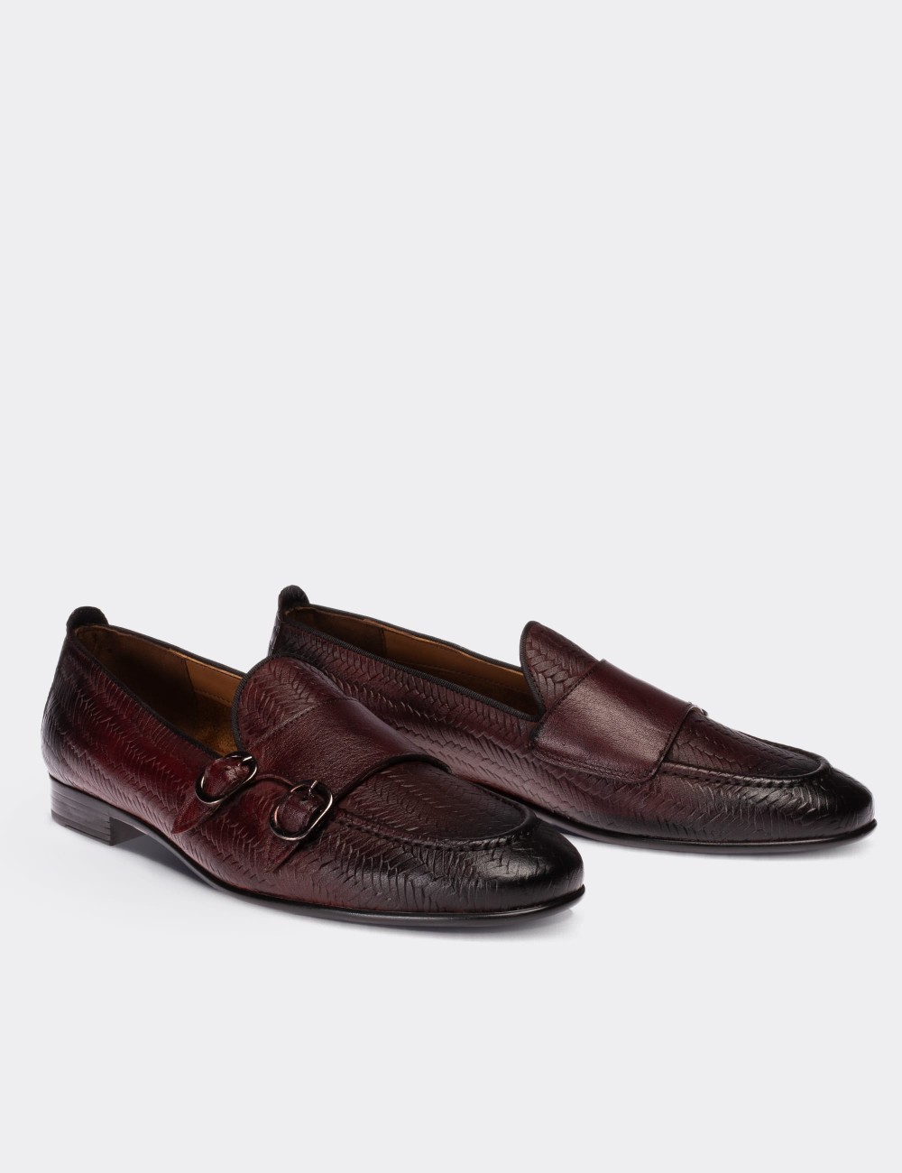 Burgundy Suede Leather Double Strap Loafers - 01704MBRDC05