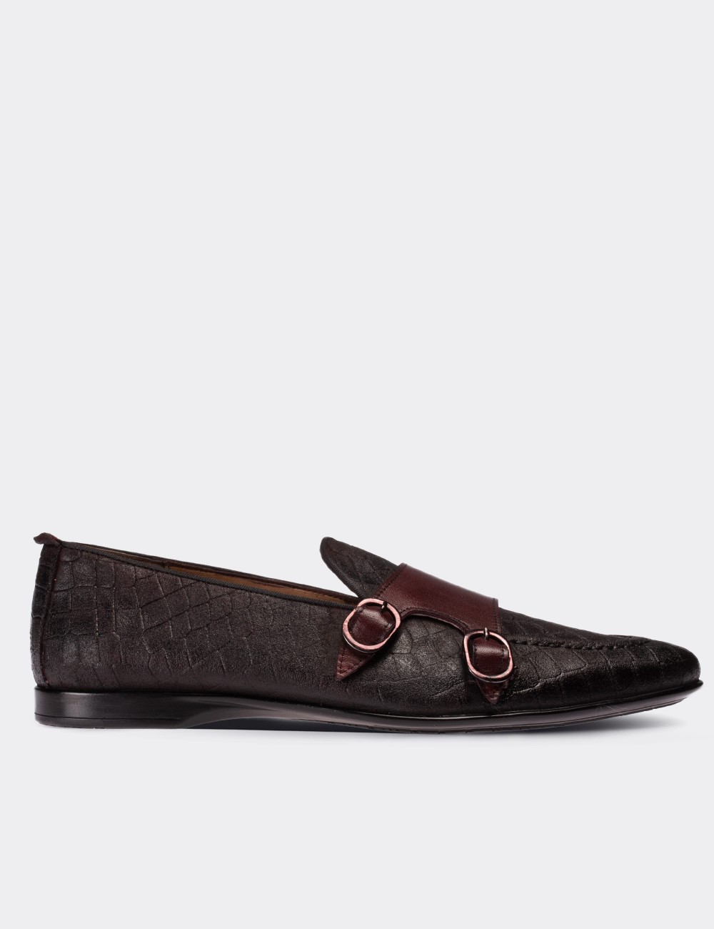 Burgundy Suede Leather Double Strap Loafers - 01704MBRDC03
