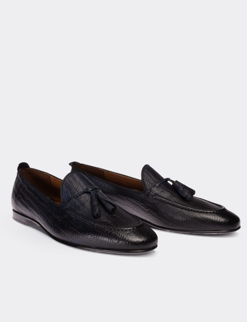 Navy  Leather Loafers - 01701MLCVC04
