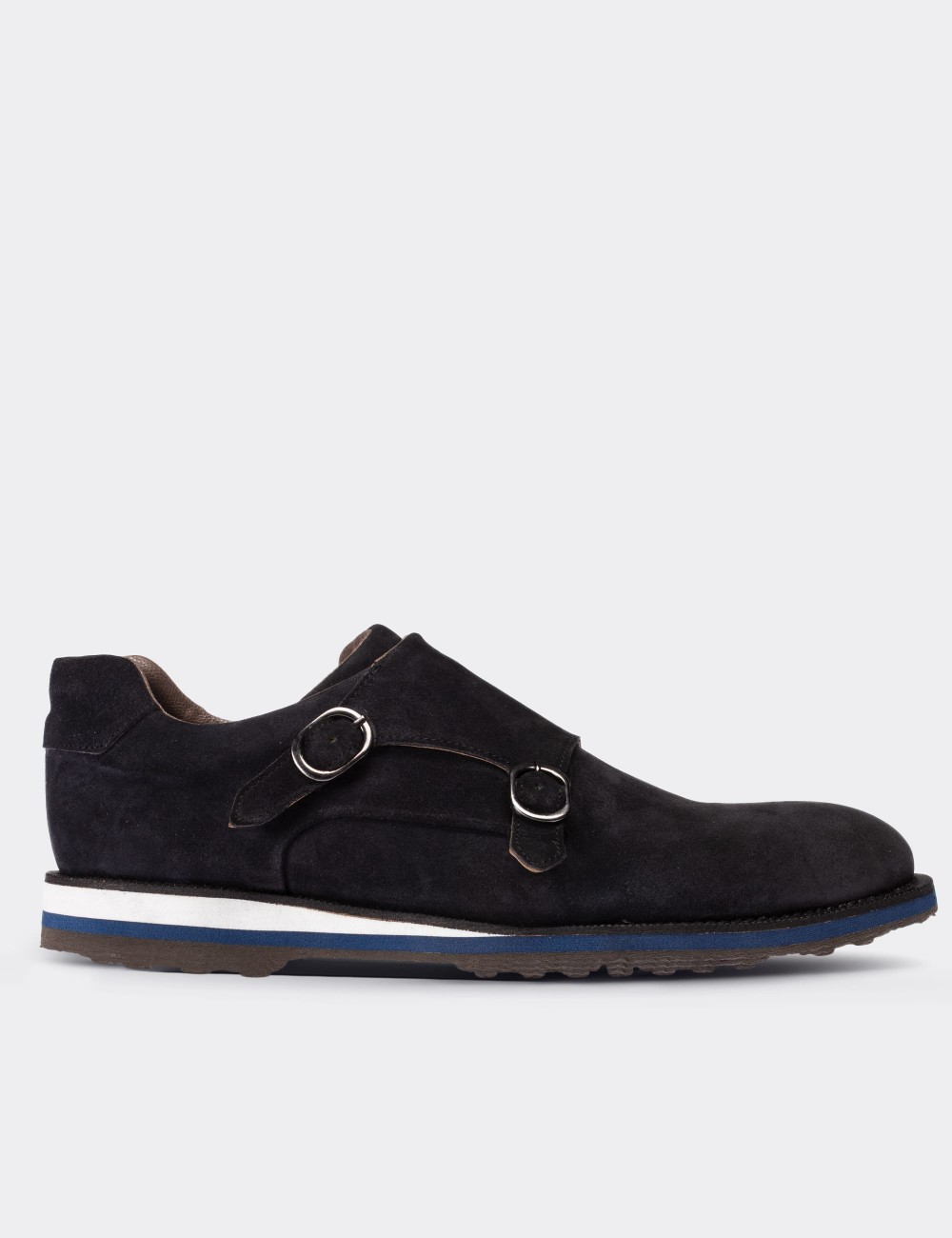 Navy Suede Leather Monk-Strap Lace-up Shoes - 01742MLCVE01