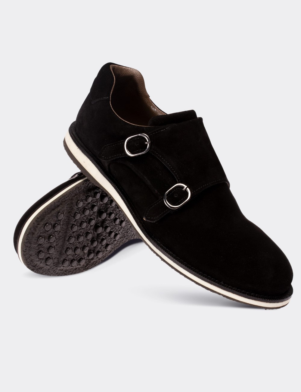 Black Suede Leather Monk-Strap Lace-up Shoes - 01742MSYHE01