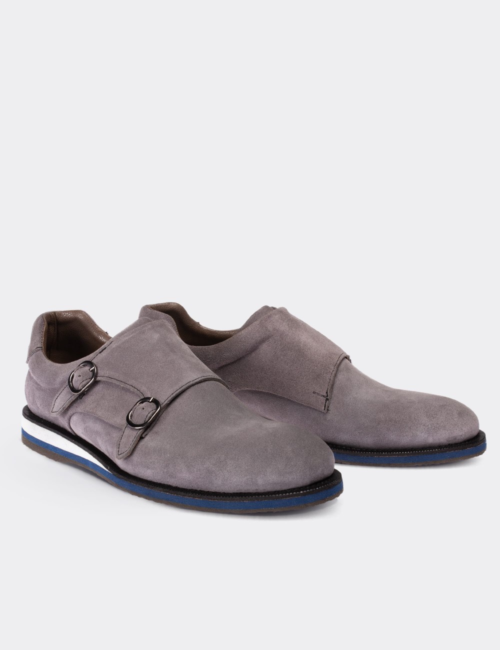 Gray Suede Leather Monk-Strap Lace-up Shoes - 01742MGRIE01