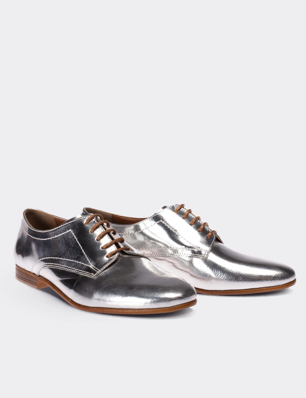 Silver  Leather Lace-up Shoes - 01430ZGMSC02