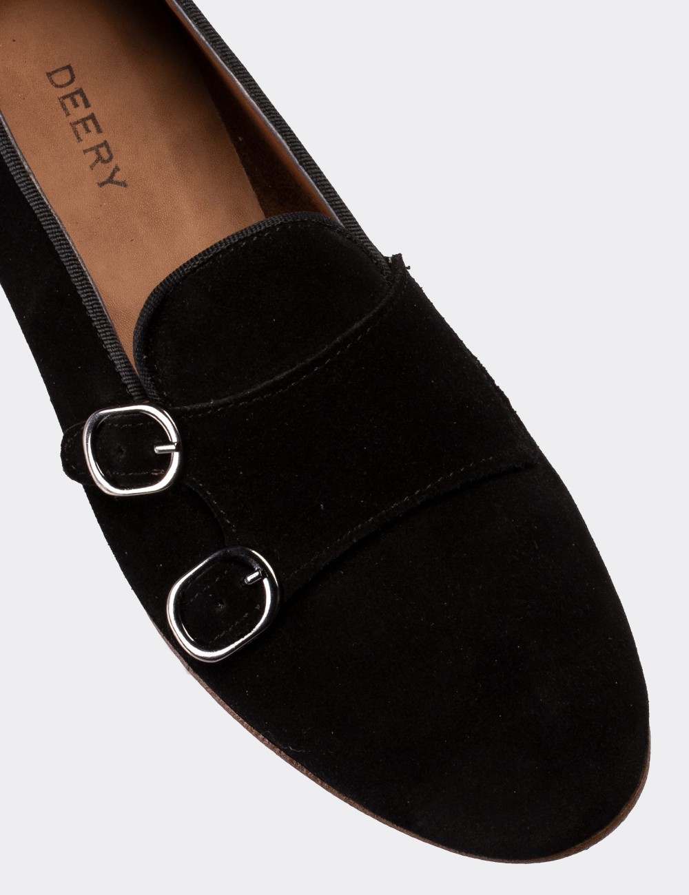 Black Suede Leather Double Monk-Strap Loafers - 01611ZSYHM04