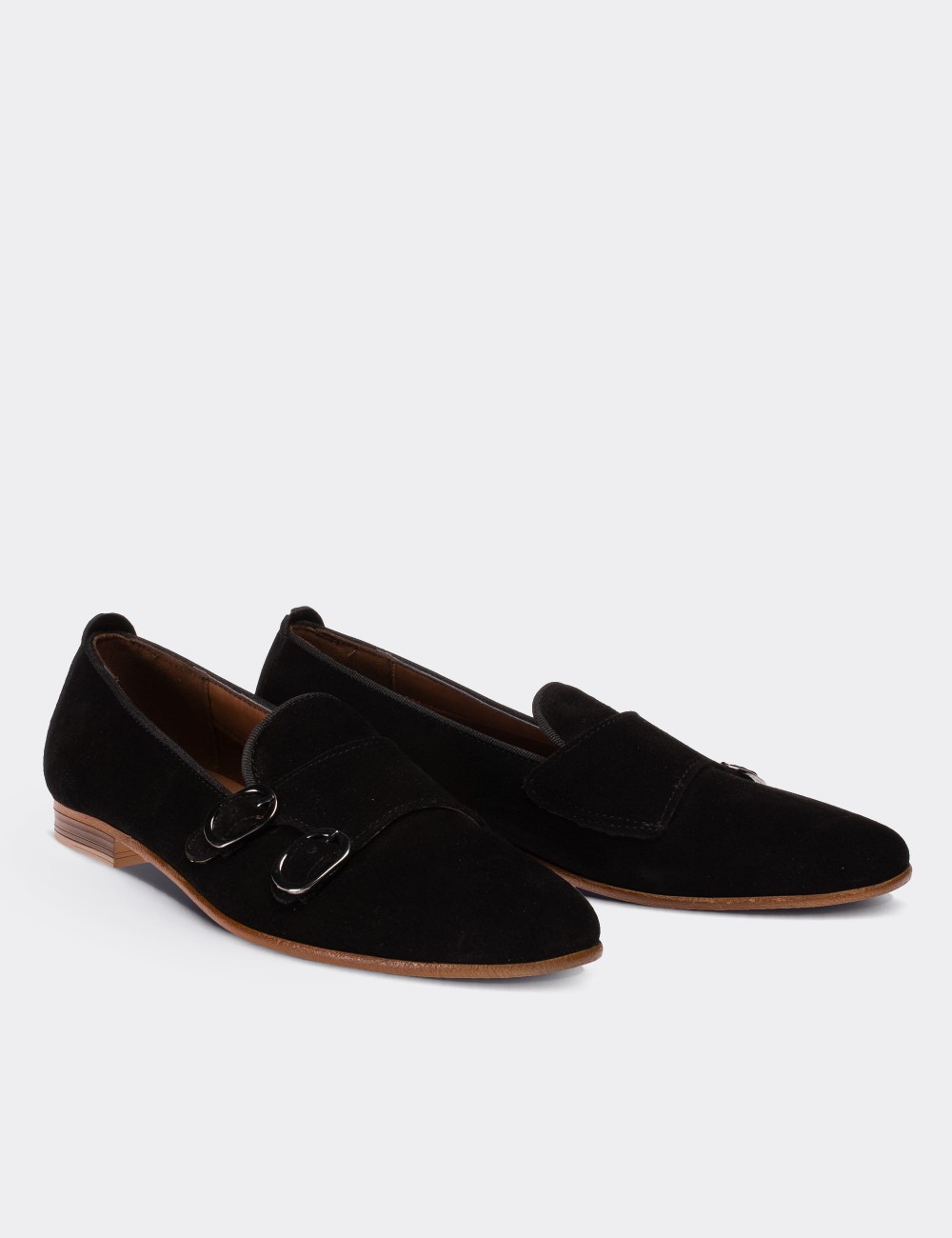Black Suede Leather Double Monk-Strap Loafers - Deery